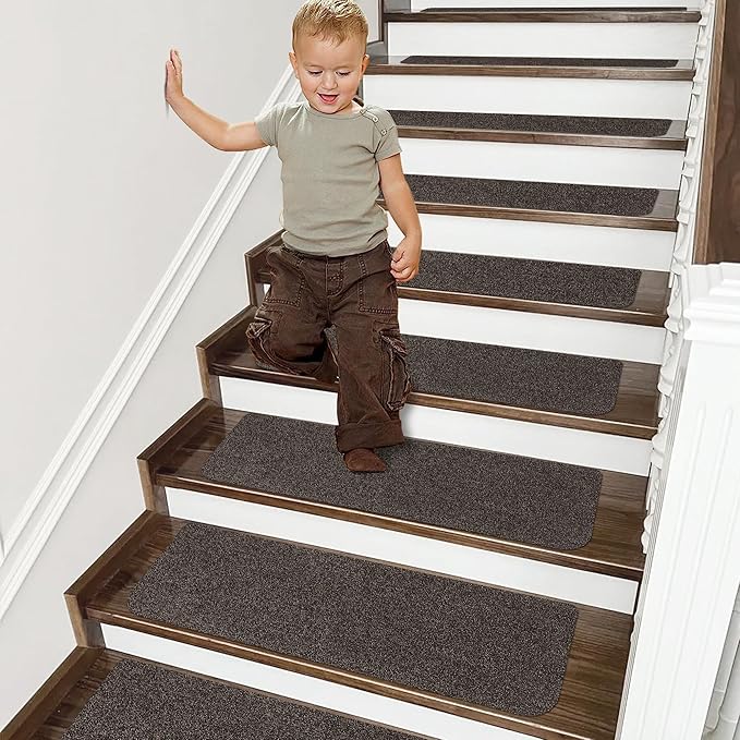 COSY HOMEER Stair Treads Non-Slip Carpet Mat 28inX9in Indoor Stair Runners for Wooden Steps, Stair Rugs for Kids and Dogs, 100% Polyester TPE Backing 10pcs,Brown,Protect Floor