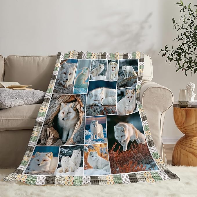 Fox Throw Blanket White Fox Stuff Gifts for Kids Girls Boys Adults Women Men Soft Cozy Warm Plush Fluffy Fuzzy Fleece Blanket Decor 60''X80''