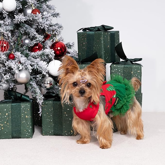 Fitwarm Christmas Tree Dog Tulle Dress, Christmas Clothes for Small Dogs Girl, Holiday Pet Outfit, Red, Green, XS