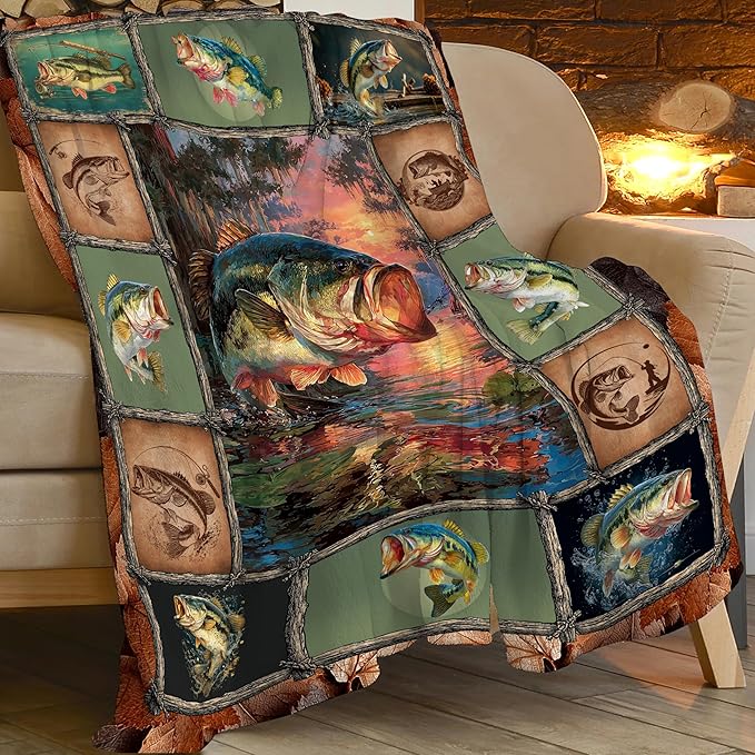 Fish Throw Blanket Fishing Stuff Gifts for Kids Girls Boys Adults Women Men Soft Cozy Warm Plush Fluffy Fuzzy Fleece Blanket Decor 40''X50''
