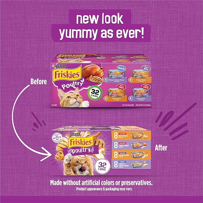 Friskies Purina Gravy Wet Cat Food Variety Pack, Poultry Shreds, Meaty Bits and Prime Filets - (Pack of 64) 5.5 oz. Cans