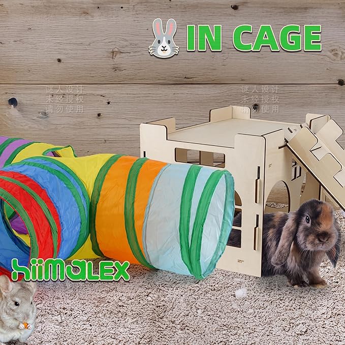 HIIMALEX Castle&Tunnel&Bed 3-in-1 Bunny's Gift Box: Extra Large Wooden Bunny Hideout with Ramp, Collasiple Tunnel and Soft Bed for Rabbit Guinea Pig Ferret Gerbil Hedgehog to Play Hide and Rest