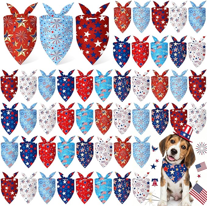 Weewooday 50 Pcs Patriotic Dog Bandanas Bulk Memorial Day Bandanas for Dogs Triangle Scarf Set for 4th of July 1776 Red White and Blue for Small Medium Large Outfit(Star, 25.6 x 17.7 x 17.7 Inch)