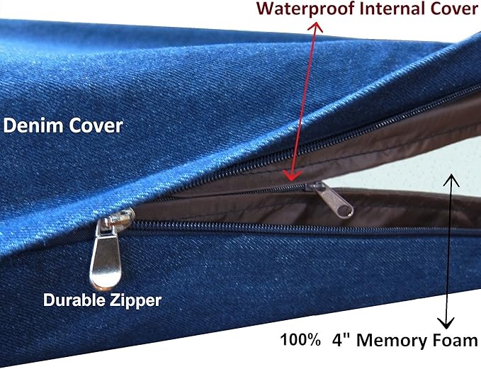 Dogbed4less Premium HeadRest Pillow Orthopedic Cool Memory Foam Dog Bed for Large Dogs, Waterproof Lining with Washable Denim Blue Cover, XXL 55X37