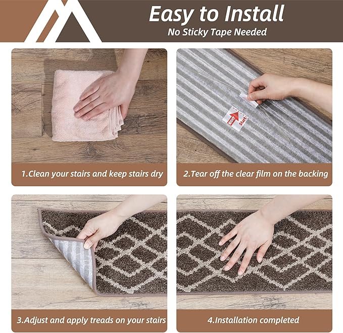 COSY HOMEER Soft Stair Treads Non-Slip Carpet Mat 28inX9in Indoor Stair Runners for Wooden Steps,Stair Rugs for Kids and Dogs, 100% Polyester TPE Backing 7pcs,Brown,Rhombus