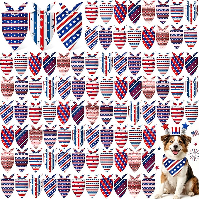Shyyween 100 Pcs 4th of July Dog Bandanas Bulk for Patriotic American Striped Star Red White and Blue Independence Day Flag Scarf for Small Medium Large Outfit(Striped Star, 25.6 x 17.7 x 17.7 Inch)