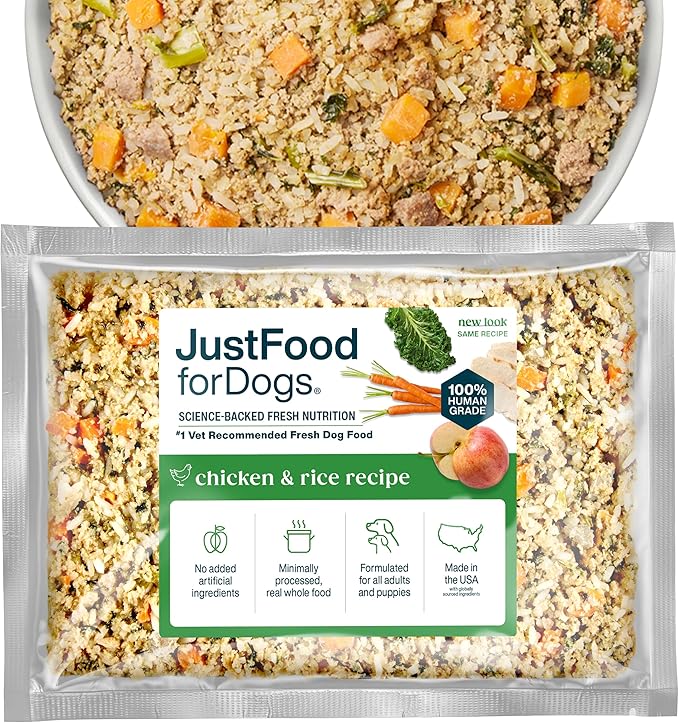 JustFoodForDogs Frozen Fresh Dog Food Toppers and Meals, Human Grade, Balanced Fresh Pet Meal or Topper, No Preservatives, Limited Ingredient Recipe, Chicken & Rice 18 oz - 14 Pack