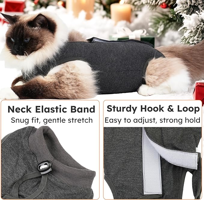 Hpetppy Cat Recovery Suit for Spay Abdominal Wounds, Kitten Onesie Bodysuit for Cats After Surgery, Cat Surgery Recovery Suit Female Cone of Shame Alternative for Cats Anti Licking (Dark Grey,S)