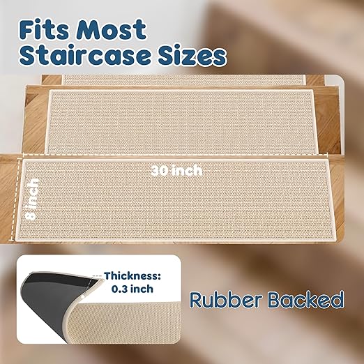 Peel and Stick Stair Carpet Treads for Wooden Steps,15 Pack Indoor Beige Stair Mats, Basement Safety Stick On Stair Rug Step Pads for Pet Dog, Elders and Kids
