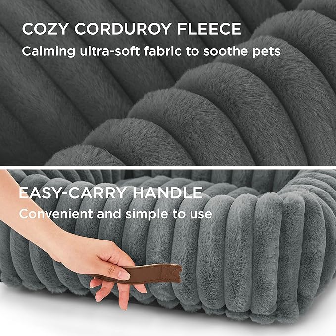 Bedsure ComfyFleece™ Cute Dog Bed for Small Medium Dogs - Washable Furry Puppy Beds, Rectangle Orthopedic Corduroy Fleece Pet Beds with Removable Zipper Cover, 25x21x7inches, Warm Grey