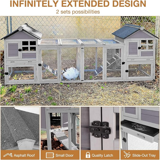 Aivituvin Rabbit Hutch 51.6''L Chicken Coop Outdoor with Run, Bunny House Guinea Pig Cage with Waterproof Roof and No Leak Tray, Grey