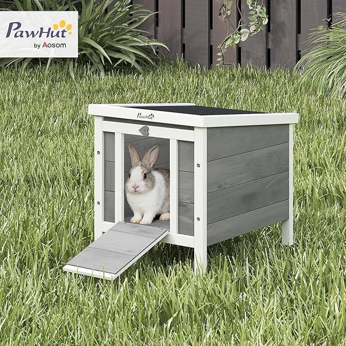 PawHut Small Wooden Rabbit Hutch Bunny Cage Guinea Pig Cage Duck House Dog House with Openable & Waterproof Roof, for Rabbits, Chickens, Ducks, Gray