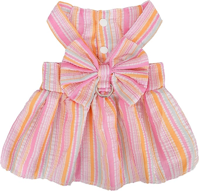 Pet Dog Harness Dress, Cute Striped Pattern with Bow, Princess Puppy Dresses with Button Closure, Summer Dog Clothes for Small Dogs Girl (Pink, Small)