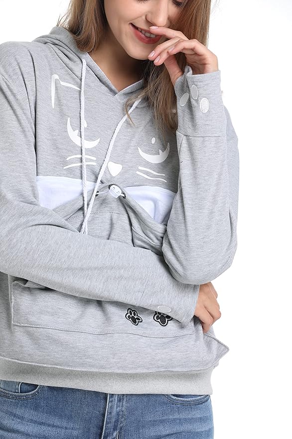 ALYC Unisex Hoodies Pet Holder Cat Dog Kangaroo Pouch Carries Pullover with Cat Printing Sweatshirt (Light Grey, L)