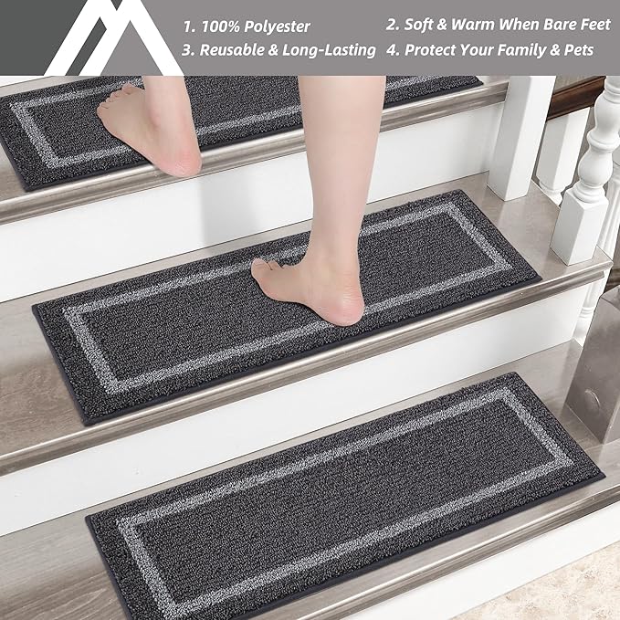 COSY HOMEER Soft Stair Treads Non-Slip Carpet Mat 28inX9in Indoor Stair Runners for Wooden Steps,Stair Rugs for Kids and Dogs, 100% Polyester TPE Backing 10pcs,Black