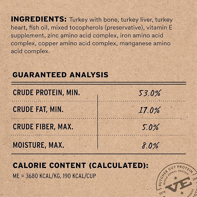 Vital Essentials Freeze Dried Dog Food, Raw Turkey Crunchy Mini Nibs | Complete Meal or Topper | 96% Turkey, Organs & Bone | Limited Ingredient, High Protein, Grain Free Dry Dog Food | 14 oz Bag