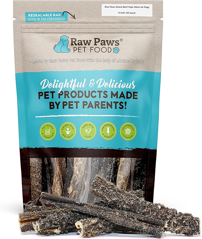 Raw Paws Green Beef Tripe Sticks for Dogs - 6-Inch (10-Count) - Packed in USA - Dried Tripe Dog Treats from Free-Range, Cows No Added Antibiotics or Hormones - Dehydrated Beef Green Tripe for Dogs