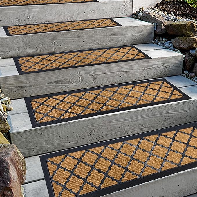 Aucuda 6pcs 8.5" x 30" Stair Treads Outdoor for Elders and Dogs on Wooden Steps, Non Slip Stair Runner Rug Heat Insulation Rubber Backing, Brown Lattice Staircase Mat Carpet for Indoor Grip Farmhouse.