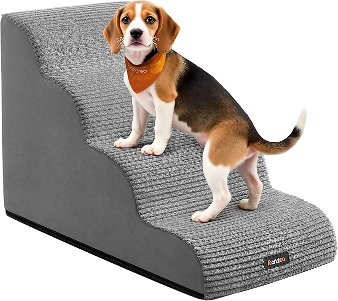 Feandrea 4-Step Dog Stairs, Dog Steps for Bed, Sofa, Waterproof Pet Stairs with Anti-Slip Designs, Gentle Slope, Removable Washable Cover, Handle, Dove Gray UPPS004G01