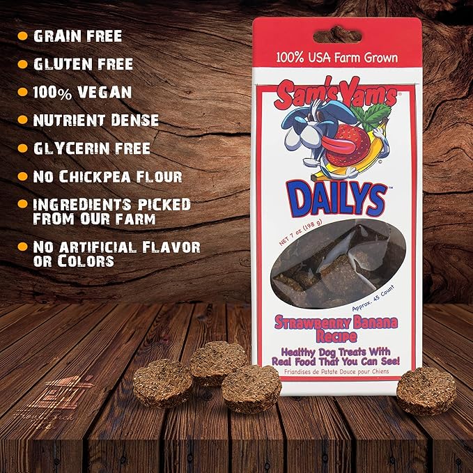 Front Porch Pets Sam's Yams Daily's Strawberry Banana Recipe Sweet Potato Dog Treats, Healthy Dog Snacks for All Breed Sizes, 7 Ounce