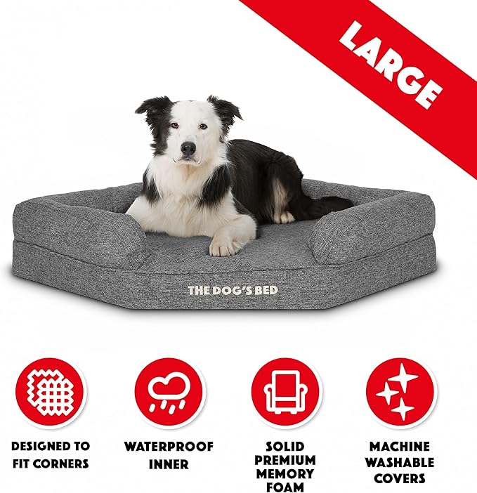 The Dog’s Bed Orthopedic Memory Foam Corner Dog Bed, Calming Surface – CertiPUR-Certified Foam, Largeinen Fabric, Grey Linen, Large