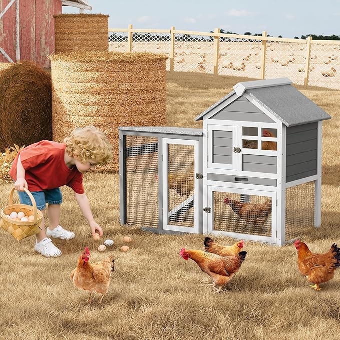 2-Story Rabbit Hutch Indoor Outdoor with Waterproof Roof, 48" L Bunny Cage with Pull Out Tray and a Wooden Ramp, Bunny Hutch Guinea Pig House for Rabbit Lover Pet Lover