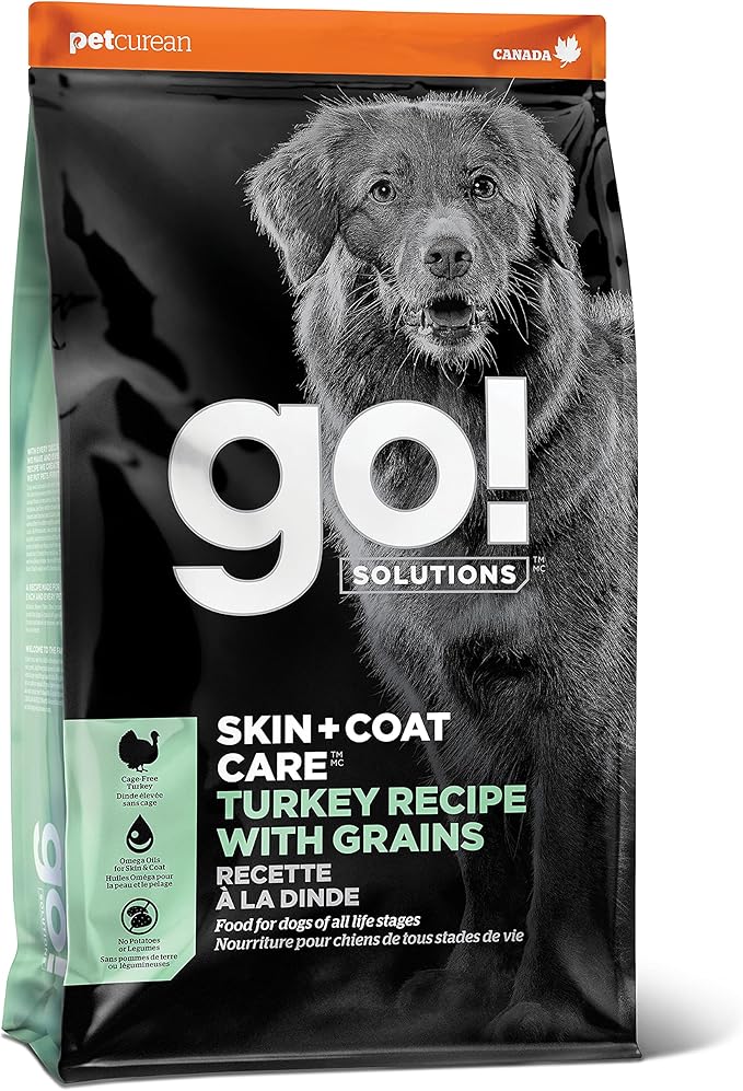 Go! Solutions Skin + Coat Care Turkey Dry Dog Food with Grains, Chicken-Free, Healthy Kibble with Omega-3s & 6s for Soft, Shiny Fur, for Puppies, Adults, & Seniors, 22 lb Bag