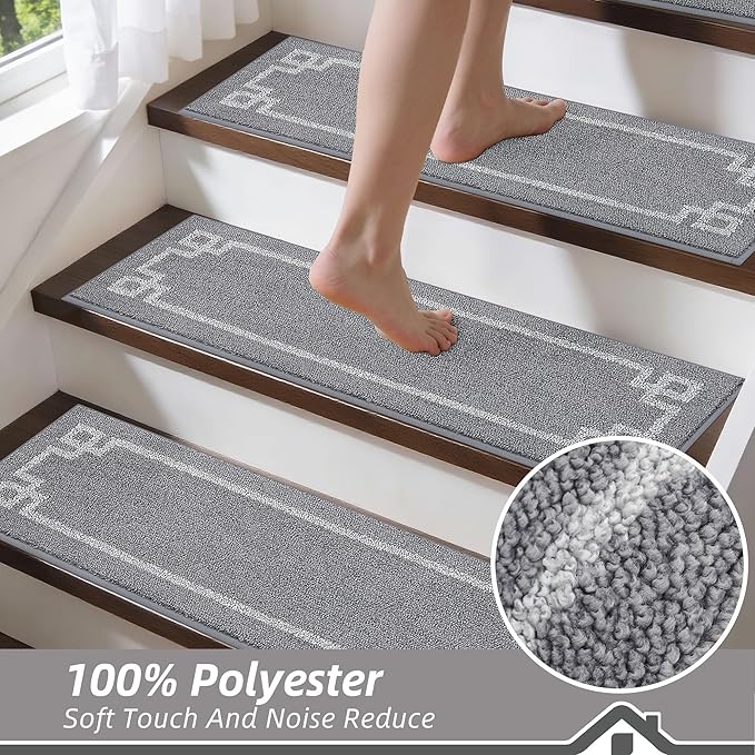 BEQHAUSE Stair Treads for Wooden Steps Non Slip Washable Carpet Stair Treads with Reusable Residue Free Backing Soft Polyester Stair Runners Indoor for Kids Elders and Dogs 9”x28”,4pcs,Grey