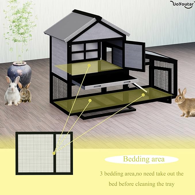 Chicken coop and activity area, dual-level rabbit cage for indoor/outdoor use, accommodates 2-3 chickens. Includes ramp and leak-proof deep-draw tray. Suitable for chicks and rabbits (black)