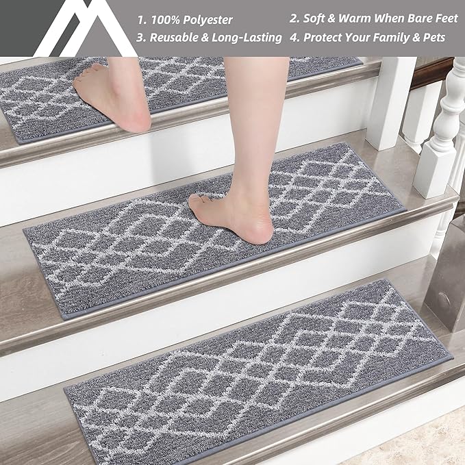 COSY HOMEER Soft Stair Treads Non-Slip Carpet Mat 28inX9in Indoor Stair Runners for Wooden Steps,Stair Rugs for Kids and Dogs, 100% Polyester TPE Backing 7pcs,Grey,Rhombus