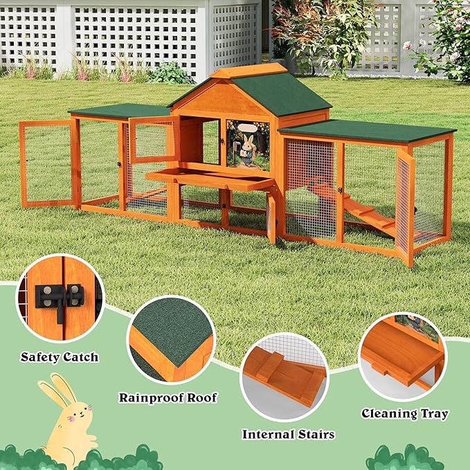 COZIWOW 83” Extra Large Wooden Rabbit Hutch Outdoor Easy to Assemble and Durable Rabbit Cage Bunny Hutch Indoor with Cleaning Tray & Waterproof Roof for Small and Medium Bunny Rabbit Chick (Orange)