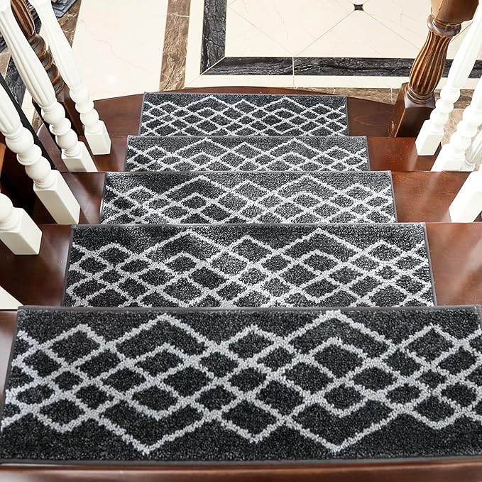 COSY HOMEER Soft Stair Treads 15pcs Non-Slip Carpet Mat 28inX9in Indoor Stair Runners for Wooden Steps,Stair Rugs for Kids and Dogs, 100% Polyester TPE Backing Black,Rhombus
