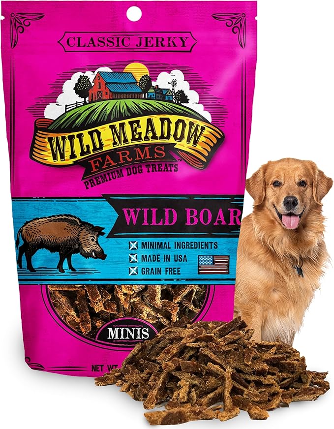Wild Meadow Farms Classic Wild Boar Dog Minis - Soft Jerky Training Treats for Dogs, Grain-Free, All-Natural & Perfectly Sized for Training, High-Value Rewards in a Convenient 3.5 Ounce Pouch