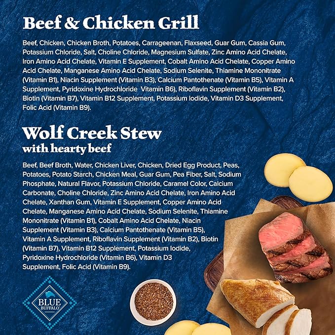 Blue Buffalo Wilderness Beef and Chicken Grill and Wolf Creek Stew Hearty Beef in Gravy Adult Dog Wet Food, 12.5 oz. Cans, 6 Count Variety Pack