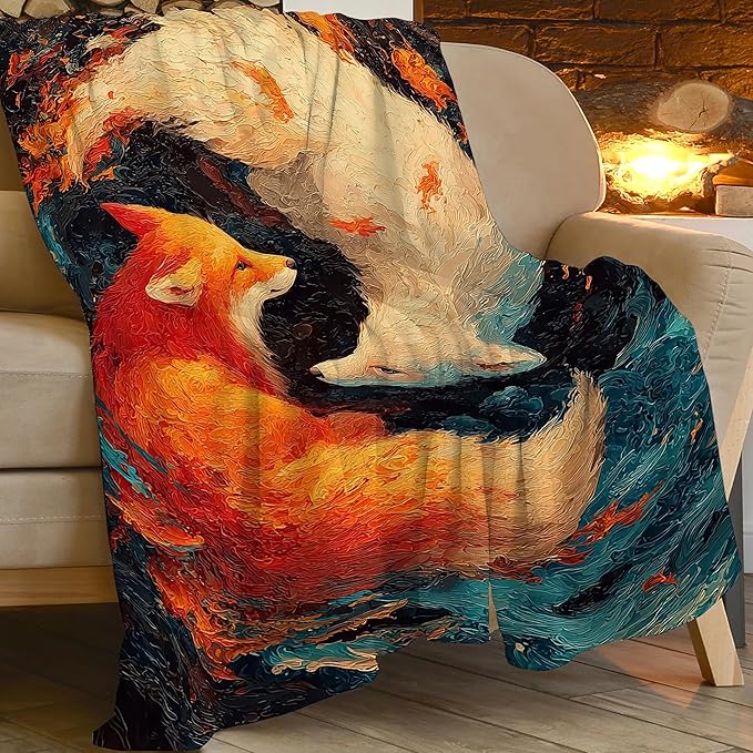 Fox Throw Blanket Orange and White Fox Stuff Gifts for Kids Girls Boys Adults Women Men Soft Cozy Warm Plush Fluffy Fuzzy Fleece Blanket Decor 50''X60''