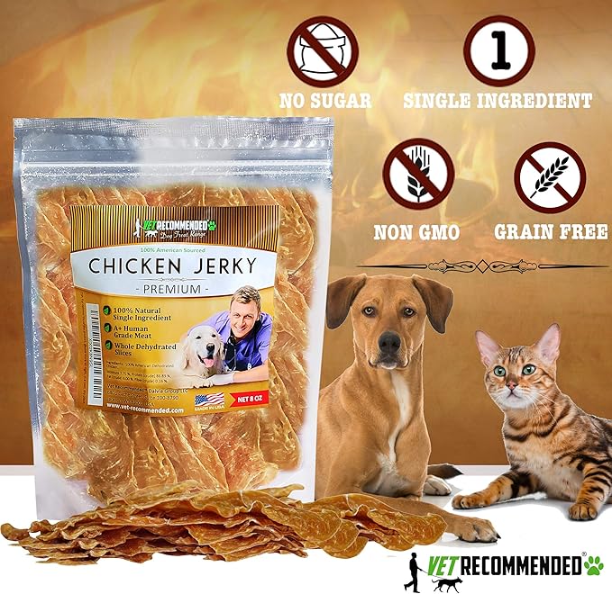 Vet Recommended Premium Chicken Jerky for Dogs - Giant 8oz Bag | All Natural Dog Treats - Single Ingredient - No Fillers or Preservatives - Whole Dehydrated Chicken - Made in USA