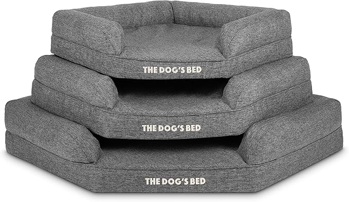 The Dog’s Bed Orthopedic Memory Foam Corner Dog Bed, Calming Surface – CertiPUR-Certified Foam, Largeinen Fabric, Grey Linen, Large