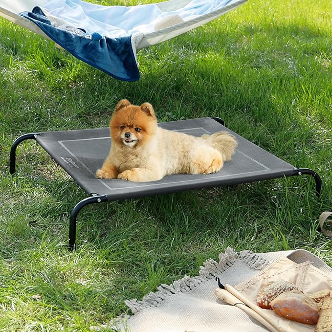 Bedsure Outdoor Elevated Dog Beds for Small Dogs, Portable Indoor & Outdoor Cooling Raised Cot Pet Hammock Bed with Skid-Resistant Feet, Frame with Breathable Mesh, Grey, 35 inches