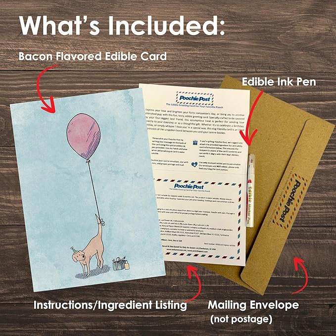 Poochie Post Edible Birthday Greeting Card for Dogs, Bacon-Flavored Dog Treat Birthday Gift with Edible Ink Pen, "Balloon" Design, Gluten & Grain Free, Made in USA