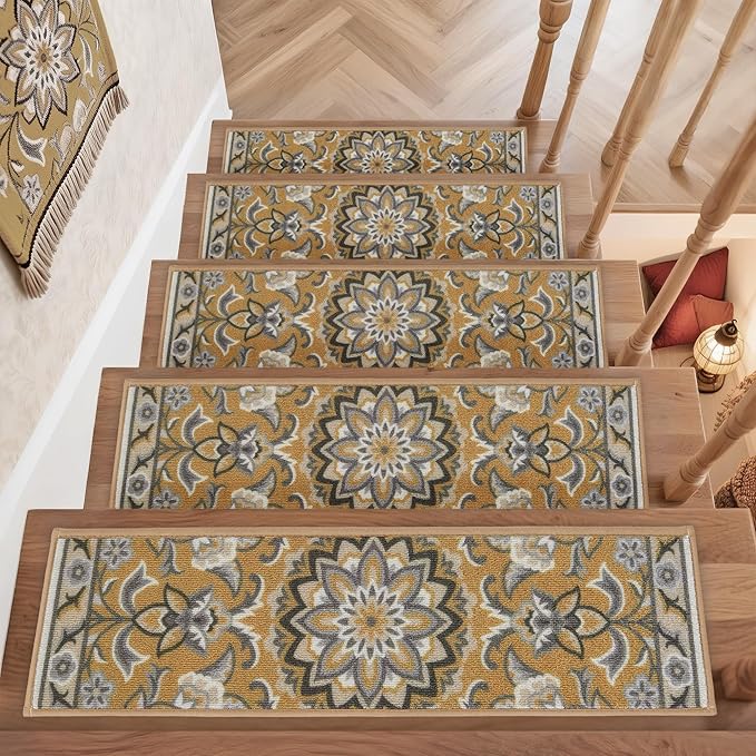 COSY HOMEER-Stair-Treads-for-Wooden-Steps Washable Indoor Stair Treads Non Slip 8" X 30" Soft Stair Carpet Treads Reusable Peel and Stick Stair Runner Rug for Kids, Elders and Pets 15pcs