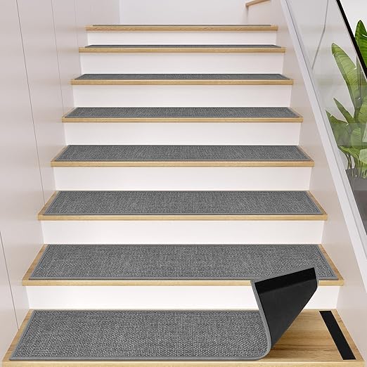 GOYLSER Peel and Sticker Stair Treads Non Slip for Wooden Steps Indoor, 15 Pack Rubber Backed Stair Pads Rug, Removable Staircase Mats Step Cover, Grey