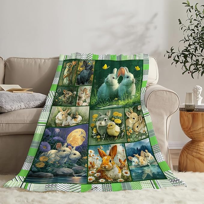 Bunny Throw Blanket Rabbit Bunny Stuff Gifts for Kids Girls Boys Adults Women Men Soft Cozy Warm Plush Fluffy Fuzzy Fleece Blanket 50''X60''