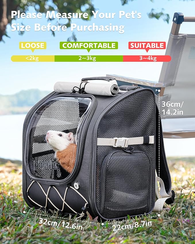 Pecute Small Pet Carrier, Breathable Small Animal Carrier with Transparent Bubble & Steel Frame, Safety Lock for Hamster, Rabbit, Bearded Dragon, Guinea Pig, Parrot, Ideal for Hiking, Vet Visits, Gray