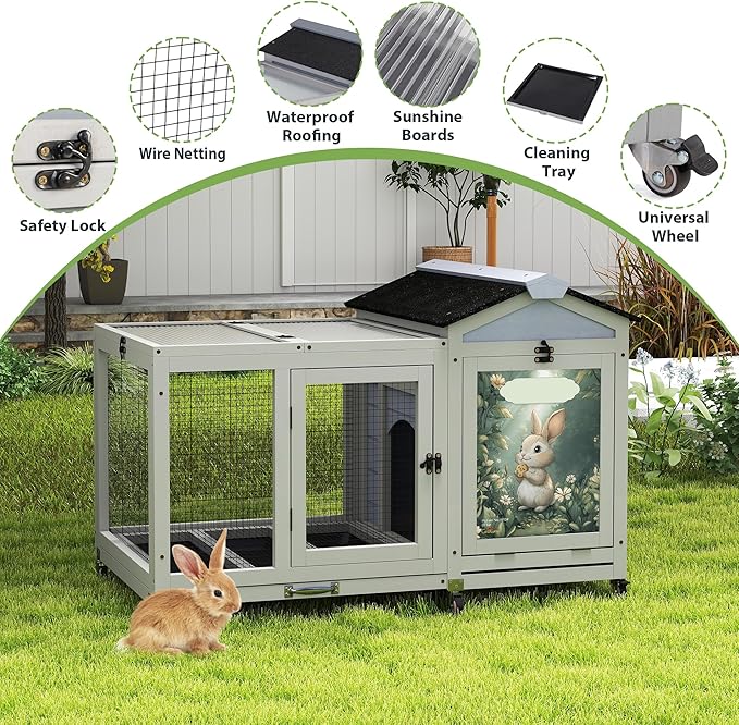 COZIWOW 39IN Heated Rabbit Hutch with Wheels, Insulated Indoor/Outdoor Bunny Cage House with Cleaning Tray, Sun Panel & Animal Pattern, Spacious Rabbit Cage for 1-2 Bunnies, (Grey & Air Purifier)