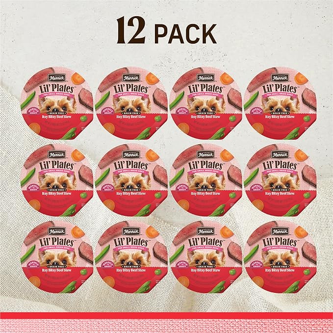 Merrick Lil’ Plates Grain-Free Wet Dog Food for Small Dogs Itsy Bitsy Beef Stew Recipe with Real Beef, 3.5 oz. Tub