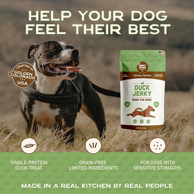 Smart Cookie Duck Jerky Dog Treats with Flax Seed, Omega Oils- Hypoallergenic Strips for Dogs and Puppies with Allergies, Sensitive Stomachs - Dehydrated, Grain Free, Made in USA - 3oz Bag, Pack of 3