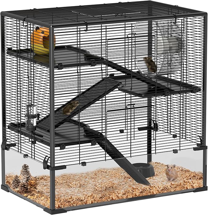 PawHut Large Hamster Cage with 9" Deep Tempered Glass Bottom, 4 Tiers Hamster Tank with Running Wheel, Hut, Water Bottle, Dish, Rat Cage for Syrian, Dwarf, Gerbils, Mouse, 31" x 19" x 31.5", Black