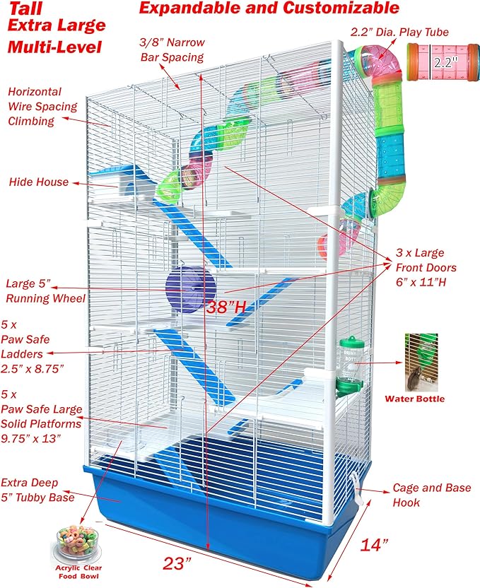 Extra Large High Tower Multi-Tiers Easy Setup Hamster Palace Gerbil Habitat Mouse House Mice Critters Home Cage with Complete Set of Accessories Expandable and Customizable Deep Tubby Base