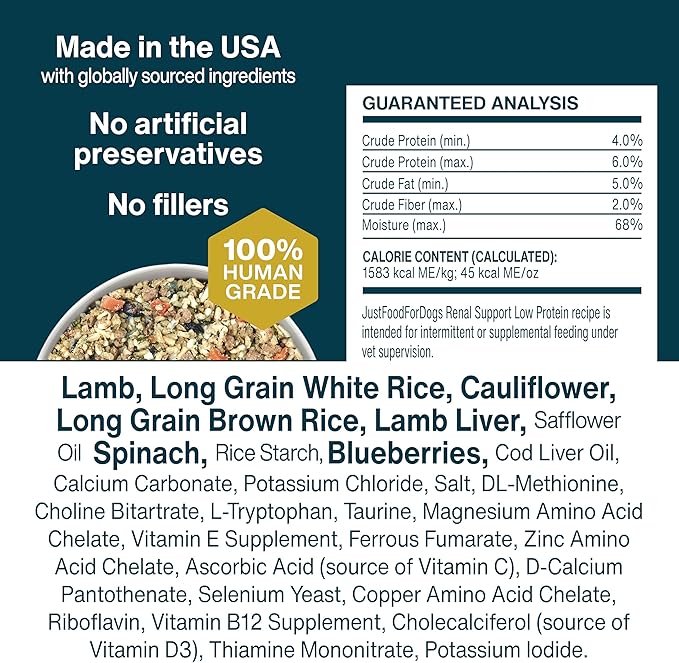 JustFoodForDogs Vet RX Pantry Fresh Prescription Dog Food, Human Grade, Vet Recommended Fresh Pet Meal or Toppers, Limited Ingredient, Prescription Diet, Renal Support Low Protein (12.5oz, 12 Pack)