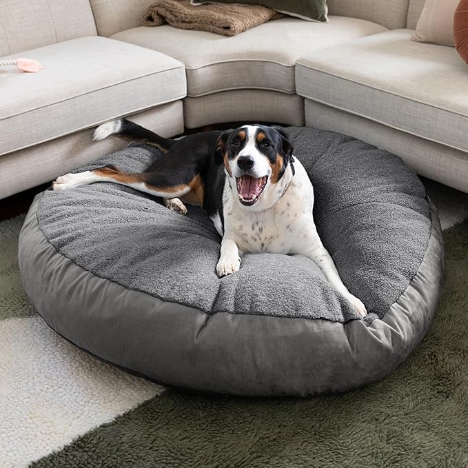 JAXX Robbi Dog Bed Bean Bag – Round Bed with Machine Washable Cover and No-Slip Base - Supportive Memory Foam for Senior Dogs & Joint Pain Relief - Ultimate Comfort & Luxury - Large, Grey/Charcoal